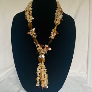 Citrine crystals & faceted Tigers Eye necklace with stones, fringe & beads.